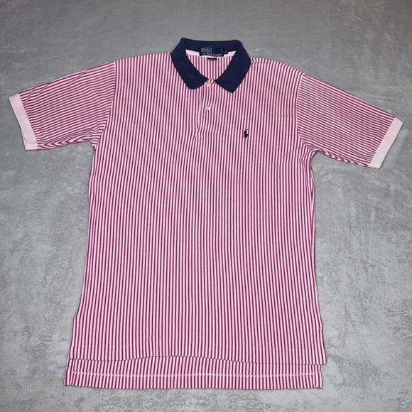 Vintage Polo Ralph Lauren Pink White Striped Navy & Pink Trim Polo‎ Shirt Medium - Picture 4 of 10